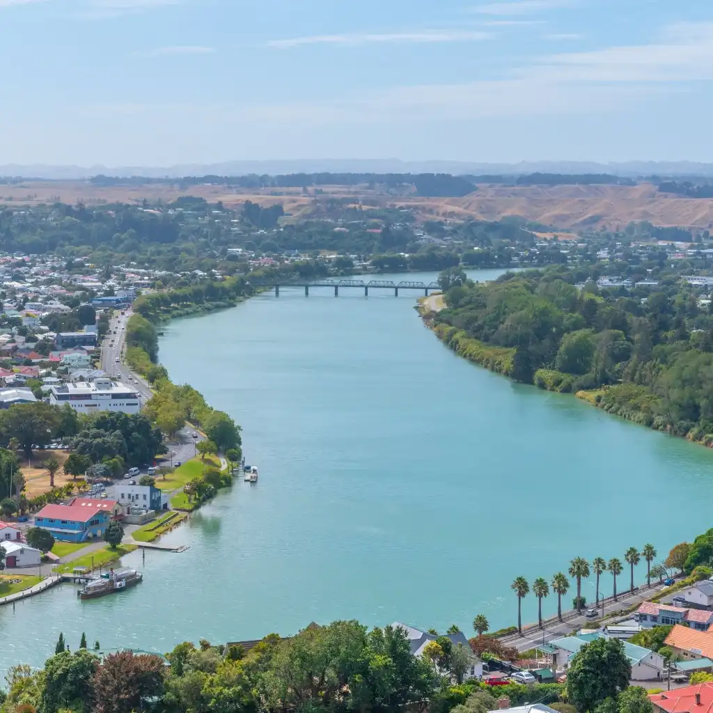 Aerial view of Whanganui city and the Whanganui River